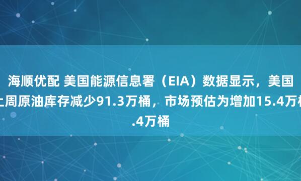 海顺优配 美国能源信息署（EIA）数据显示，美国上周原油库存减少91.3万桶，市场预估为增加15.4万桶